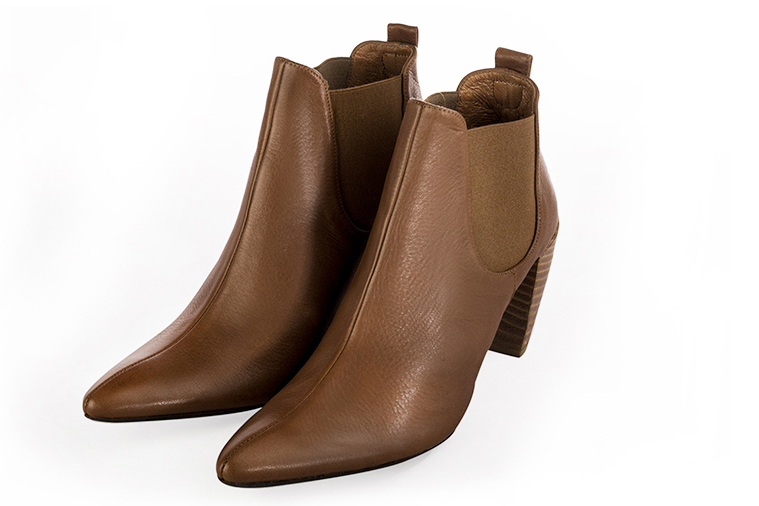 Caramel brown women's ankle boots with buckles. Tapered toe. High cone heels. Front view - Florence KOOIJMAN